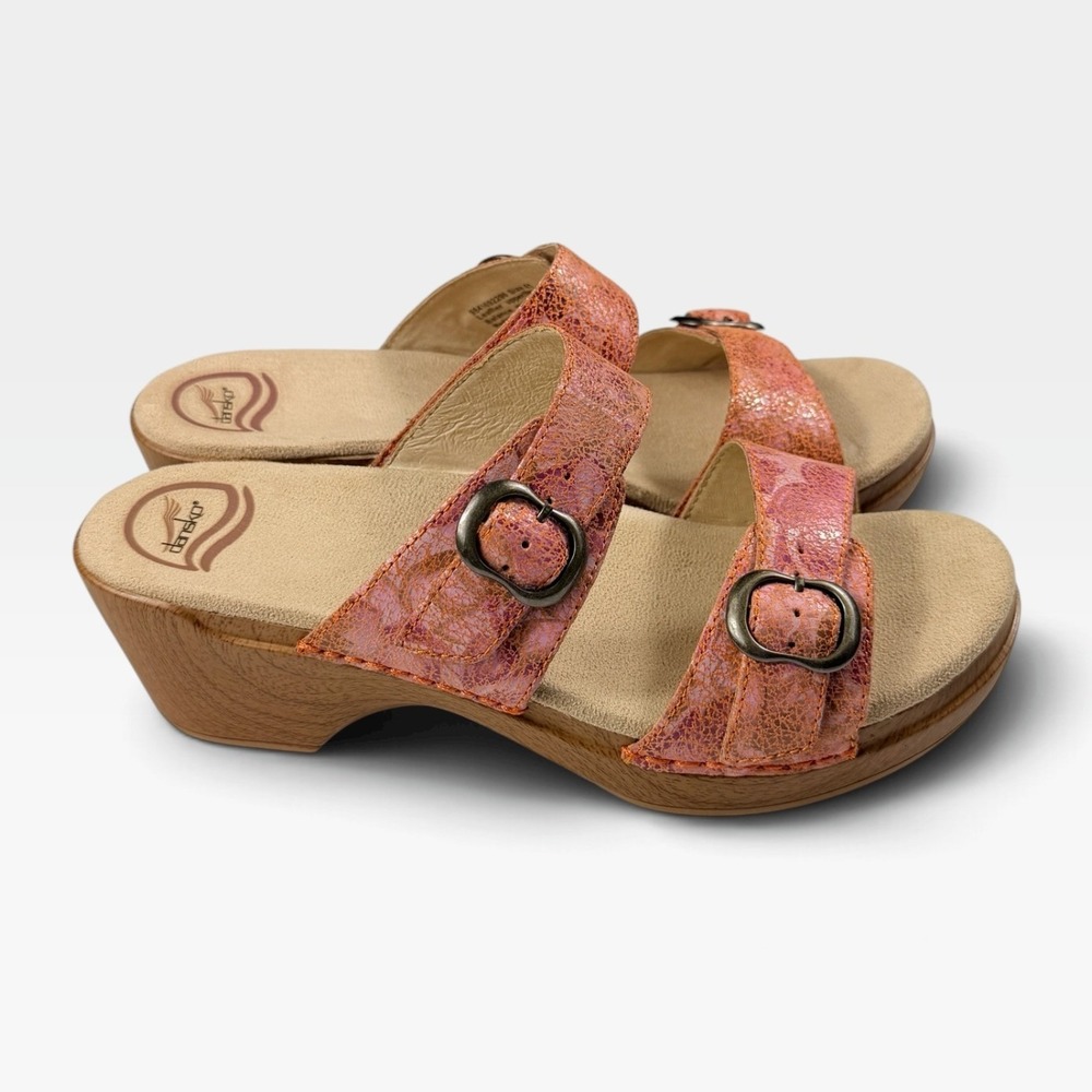 Dansko Sophie Floral Sandals Womens 41 Peach Metallic Leather Buckle Slide NEW